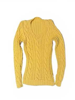 Yellow Cable Knit V-Neck Sweater Fitted Stretch Preppy Cottagecore Size S